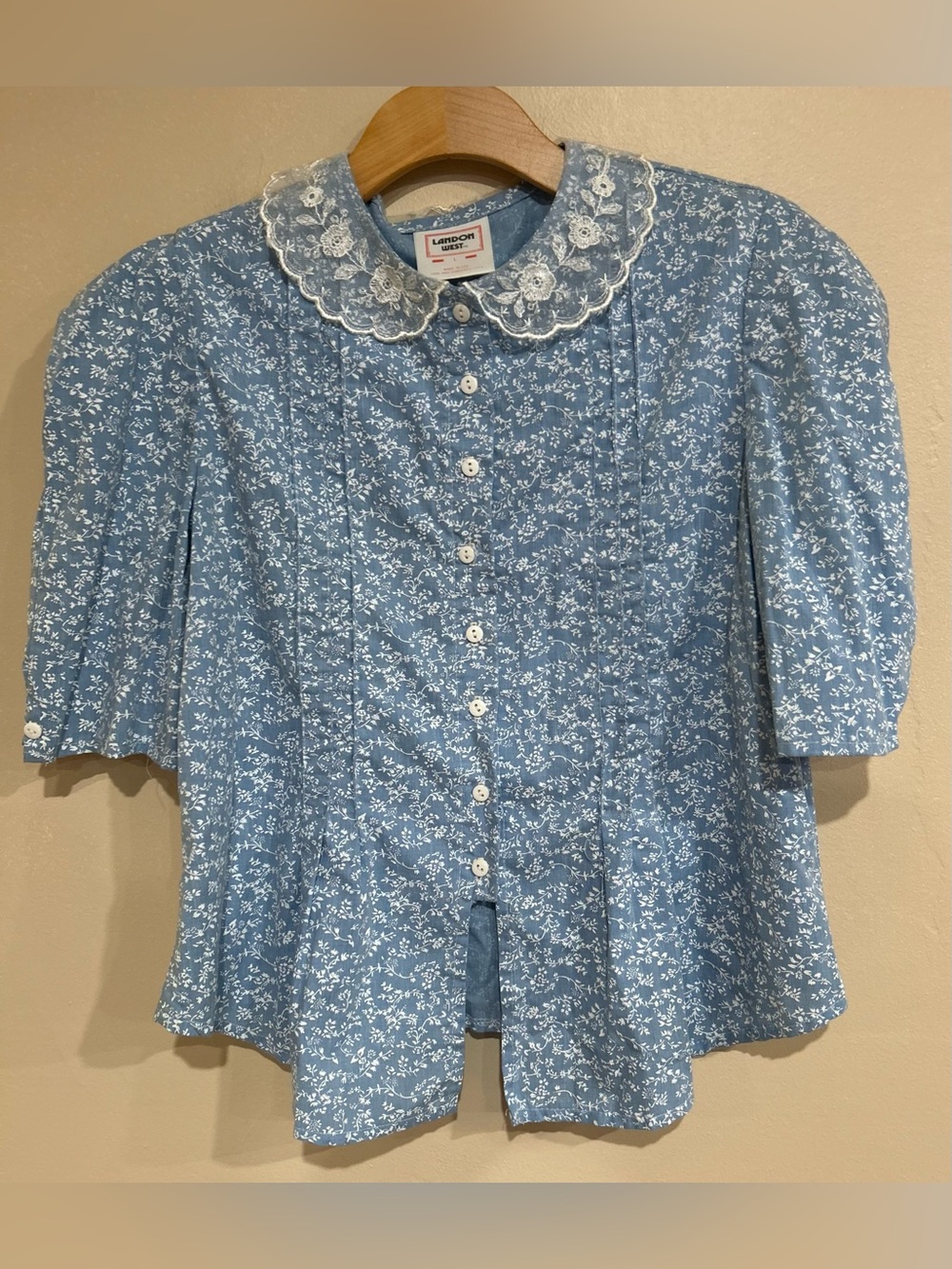 VTG Landon West Floral Lace Blouse Prairie Cottagecore Large Peter Pan Collar